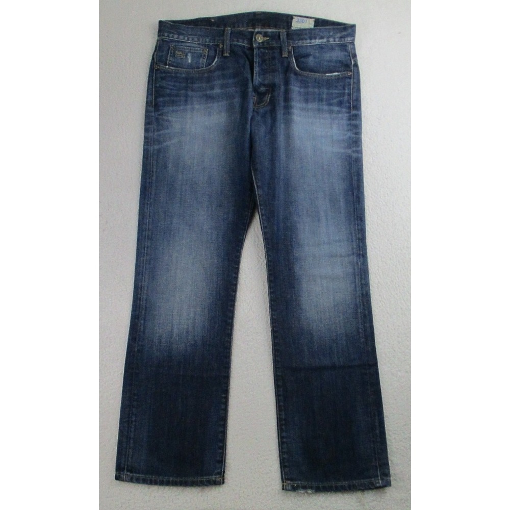 G‎ Star Raw 3301 Jeans Mens 34X30 Blue Mid Rise Tapered Button Fly Distressed